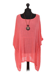 Italian Plain Batwing Top With Front Pockets and Necklace - Coral