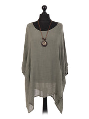 Italian Plain Batwing Top With Front Pockets and Necklace - Khaki