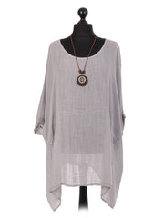 Italian Plain Batwing Top With Front Pockets and Necklace - Light Grey