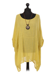 Italian Plain Batwing Top With Front Pockets and Necklace - Mustard