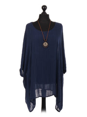 Italian Plain Batwing Top With Front Pockets and Necklace - Navy