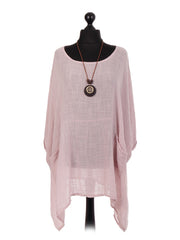 Italian Plain Batwing Top With Front Pockets and Necklace - Pink