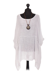 Italian Plain Batwing Top With Front Pockets and Necklace - White