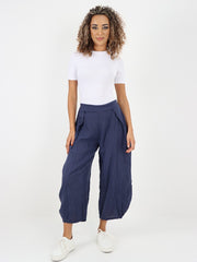 Italian Plain Layered Linen Pants - Navy