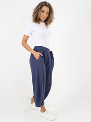 Italian Plain Layered Linen Pants - Navy