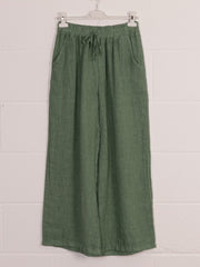 Italian Plain Linen Culottes With Side Pockets - Khaki