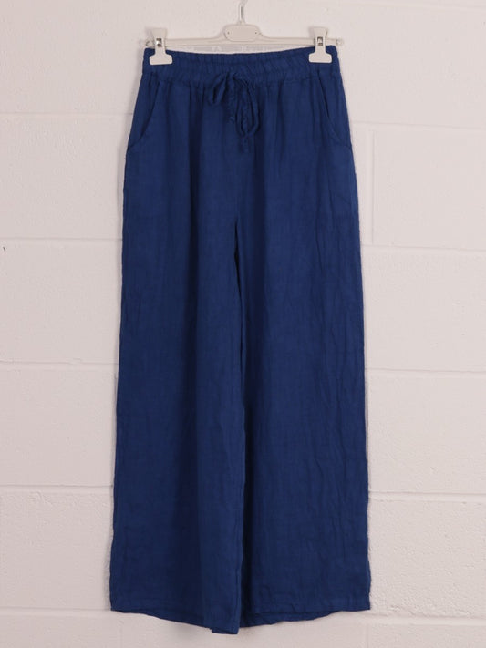Italian Plain Linen Culottes With Side Pockets - Royal Blue