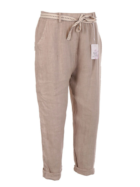 Italian Plain Linen Trouser With Side Pockets - Beige