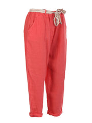 Italian Plain Linen Trouser With Side Pockets - Coral