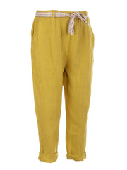 Italian Plain Linen Trouser With Side Pockets - Mustard