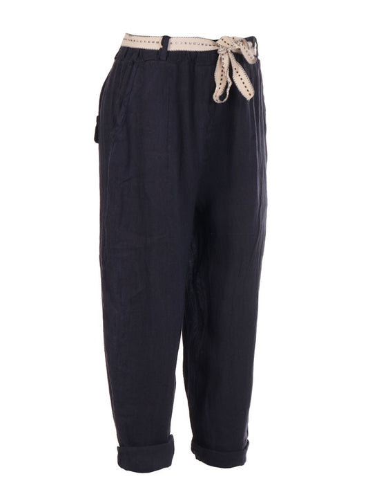 Italian Plain Linen Trouser With Side Pockets - Navy