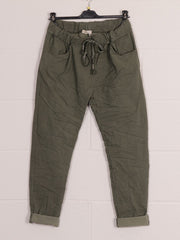 Italian Plain Magic Pants With Side Pockets - Army Green