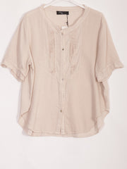 Italian Pleated Front Button Through Linen Blouse - Beige
