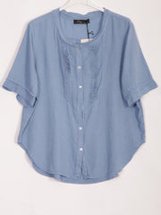 Italian Pleated Front Button Through Linen Blouse - Denim