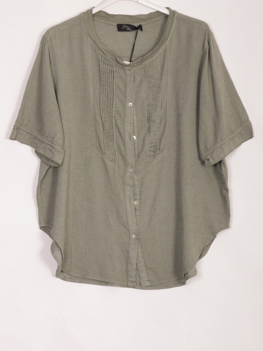 Italian Pleated Front Button Through Linen Blouse - Khaki