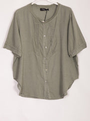 Italian Pleated Front Button Through Linen Blouse - Khaki