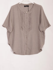 Italian Pleated Front Button Through Linen Blouse - Mocha