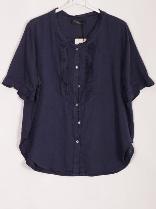 Italian Pleated Front Button Through Linen Blouse - Navy