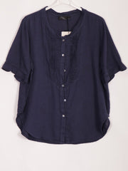 Italian Pleated Front Button Through Linen Blouse - Navy