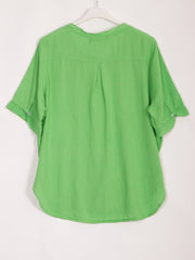 Italian Pleated Front Button Through Linen Blouse - Parrot Green