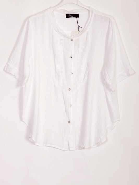 Italian Pleated Front Button Through Linen Blouse - White