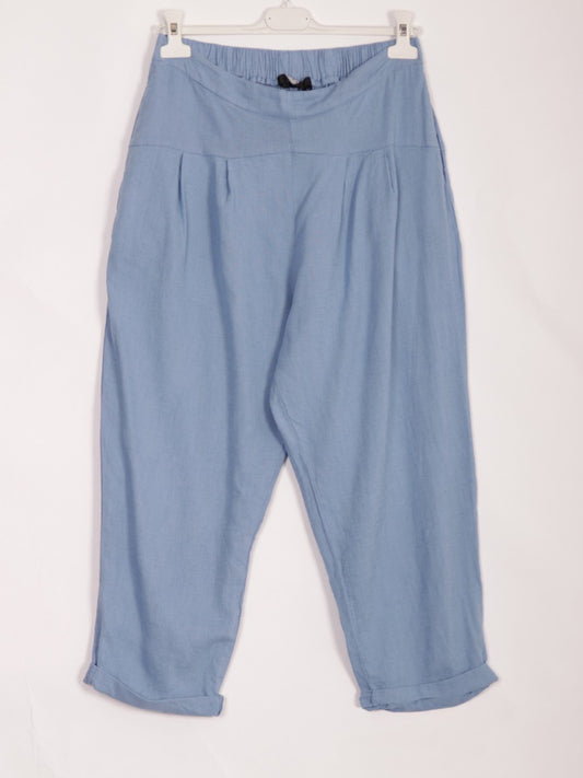 Italian Pleated Relaxed Fit Linen Trousers - Denim
