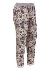 Italian Paisley Print Cotton Joggers with Side Pockets - Beige
