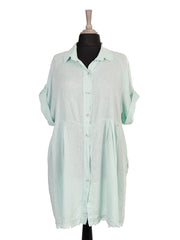 Italian Raw Edge Hem Front Button Panel Top - Aqua