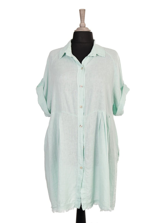 Italian Raw Edge Hem Front Button Panel Top - Aqua