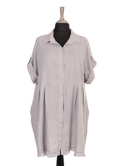 Italian Raw Edge Hem Front Button Panel Top - Light Grey