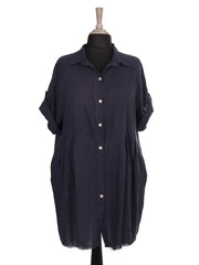 Italian Raw Edge Hem Front Button Panel Top - Navy