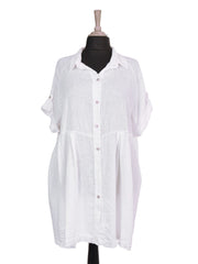 Italian Raw Edge Hem Front Button Panel Top - White