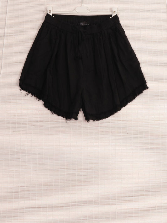 Italian Raw Edge Linen Shorts with Side Pockets - Black