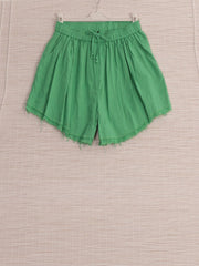Italian Raw Edge Linen Shorts with Side Pockets - Green
