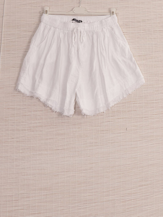 Italian Raw Edge Linen Shorts with Side Pockets - White