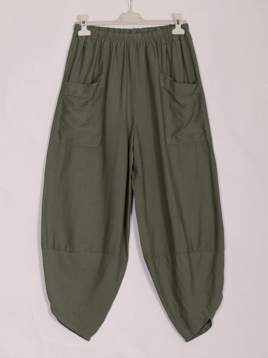 Italian Relaxed Fit Front Pockets Harem Trousers - Army Green