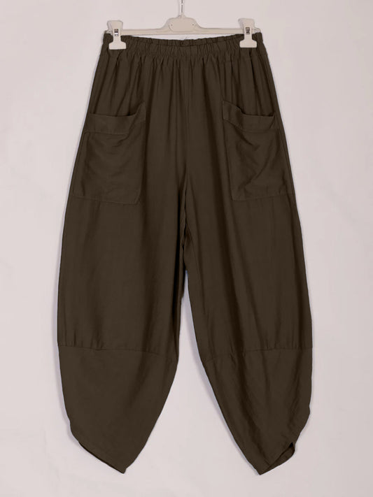 Italian Relaxed Fit Front Pockets Harem Trousers - Chocolate