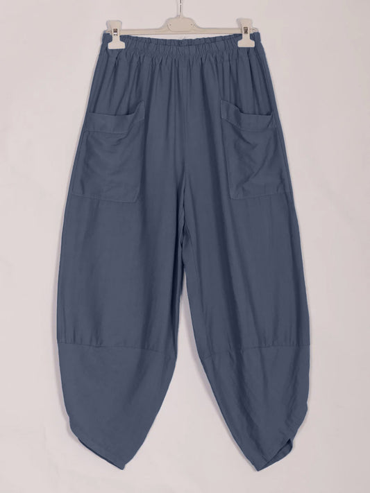 Italian Relaxed Fit Front Pockets Harem Trousers - Dark Denim