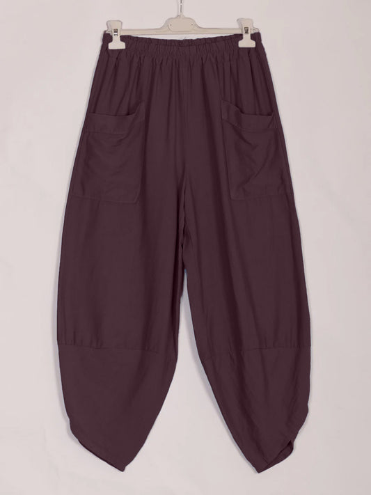 Italian Relaxed Fit Front Pockets Harem Trousers - Plum
