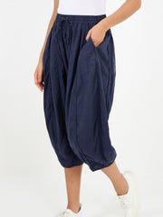 Italian Relaxed Fit Linen Capri Trousers - Navy