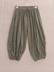 Italian Relaxed Fit Linen Capri Trousers - Khaki