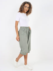 Italian Ruffled Hem Relaxed Fit Linen Trousers - Khaki