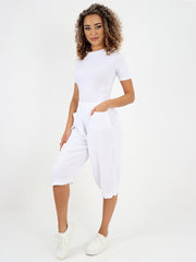 Italian Ruffled Hem Relaxed Fit Linen Trousers - White