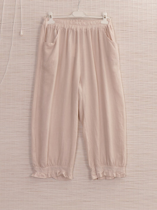 Italian Ruffled Hem Relaxed Fit Linen Trousers - Beige