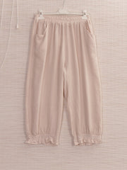 Italian Ruffled Hem Relaxed Fit Linen Trousers - Beige