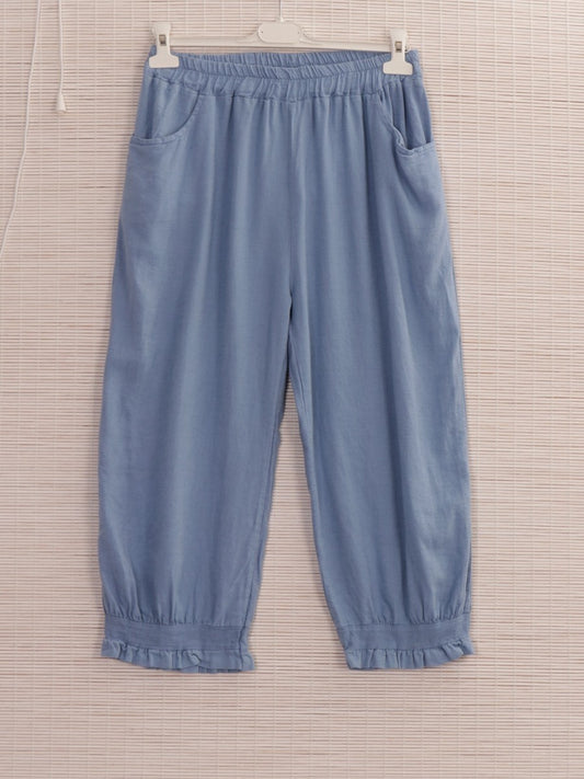 Italian Ruffled Hem Relaxed Fit Linen Trousers - Light Denim
