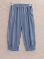 Italian Ruffled Hem Relaxed Fit Linen Trousers - Light Denim