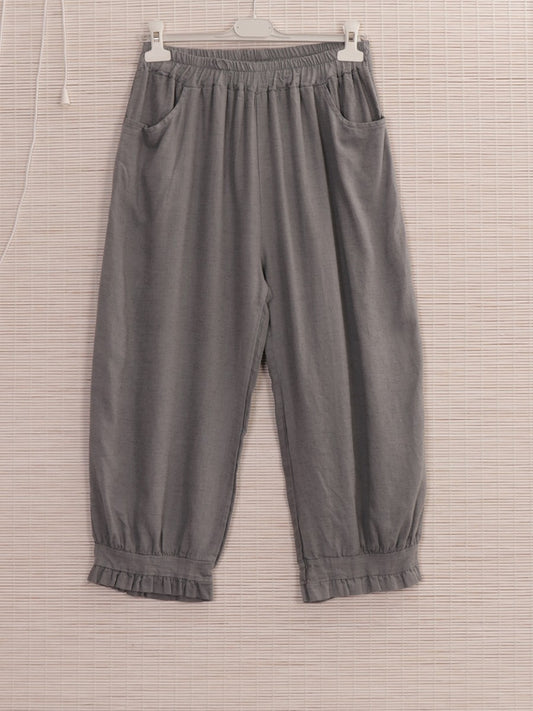 Italian Ruffled Hem Relaxed Fit Linen Trousers - Grey