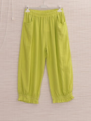Italian Ruffled Hem Relaxed Fit Linen Trousers - Parrot Green