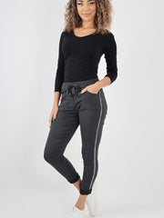 Italian Diamante Stripe Elasticated Trousers - Charcoal